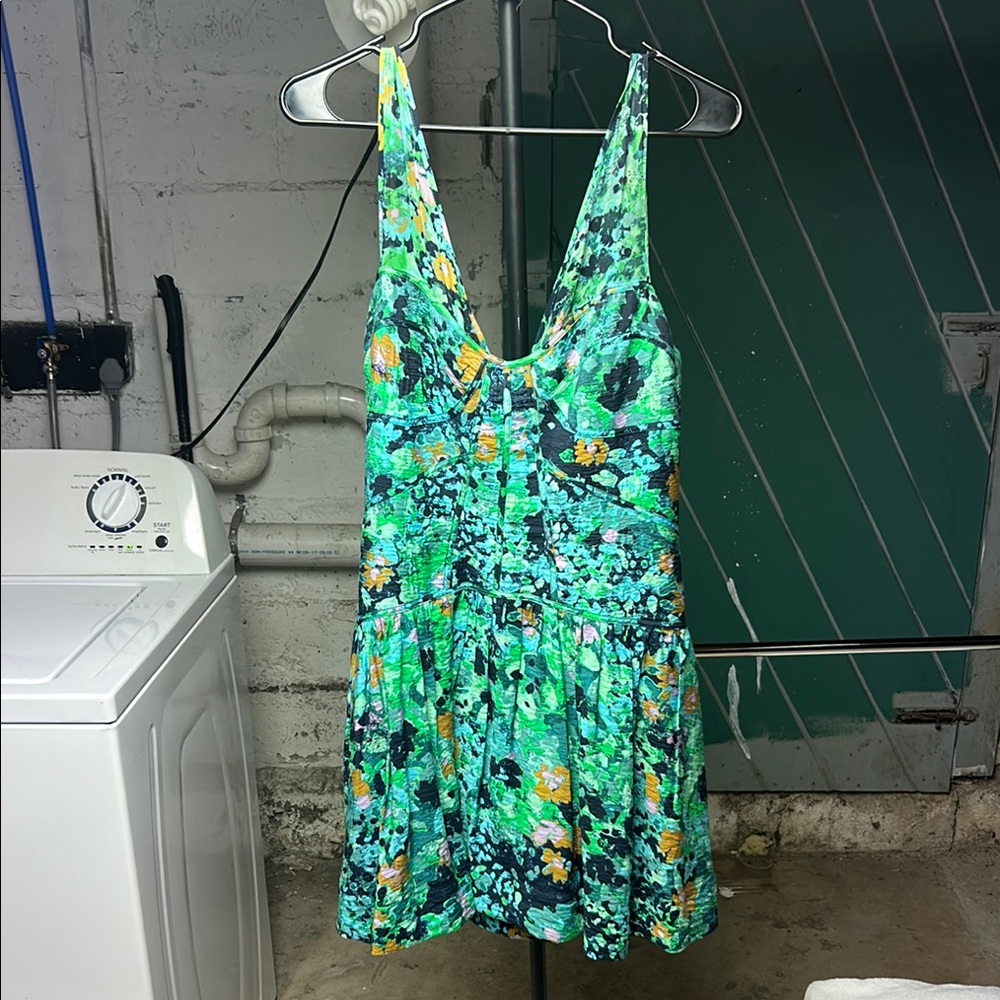 Anthropologie Teal and Blue Patterned Dress